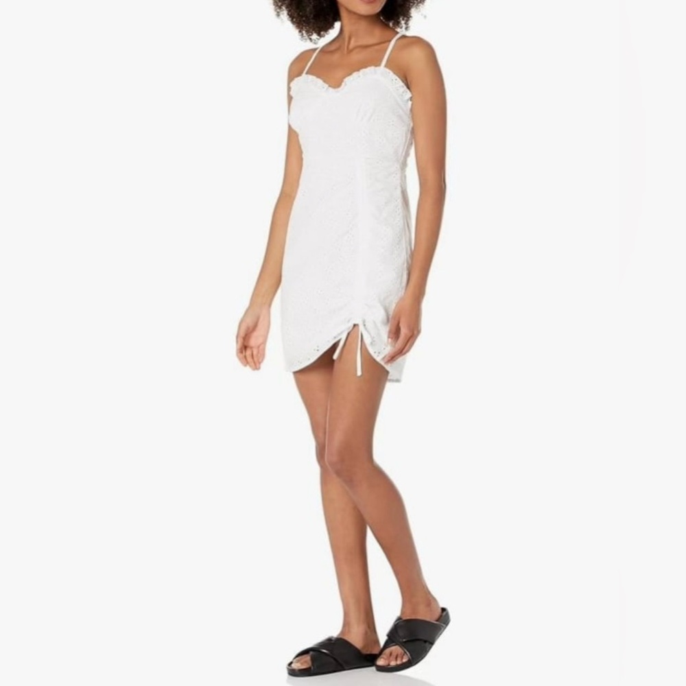 White Sleeveless Ruched Eyelet Sweetheart Xtraordinary Mini Dress